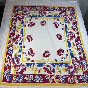Vintage 1960s Table Topper Tablecloth, FLOWERS RED BLUE YELLOW, 45"x54"